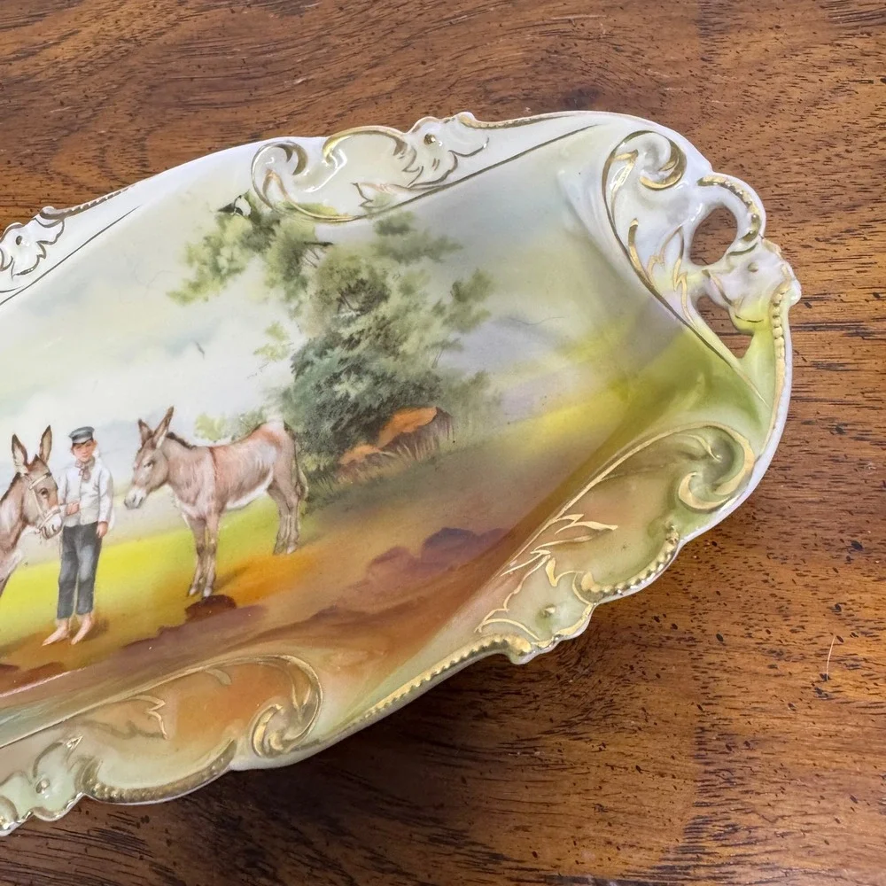 Royal Bayreuth Bavaria Donkey Boy Celery Tray Porcelain Gold Gilt Dish 12.5in